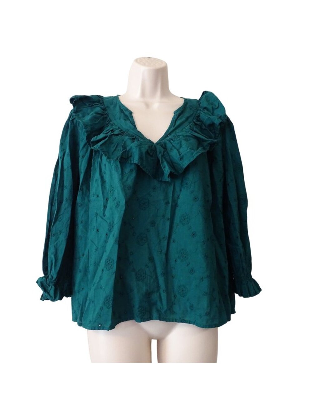Zara Green Eyelet 3/4 Sleeve Ruffled Blouse Women Size L Cottagecore Boho